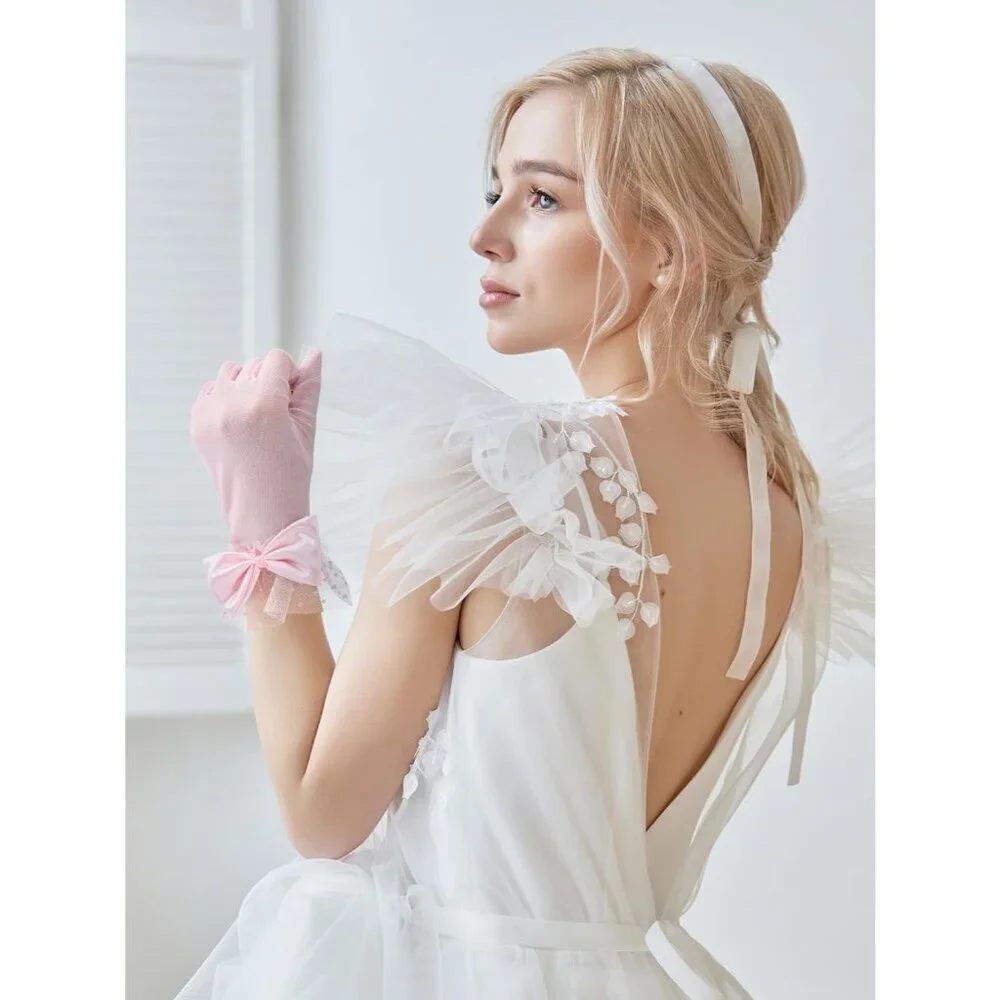 Women's Short Pink Bow Lace Gloves Tea Party Elegant Opera Wedding Accessories
